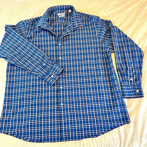 J M Haggar Mens Plaid Button Up Shirt Size 18-18.5 34/35 Slim Fit - Picture 1 of 8